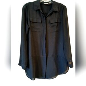 CHICO'S Black Semi Sheer Poly Soft Tailored Button Down BlouseTop  SZ 0